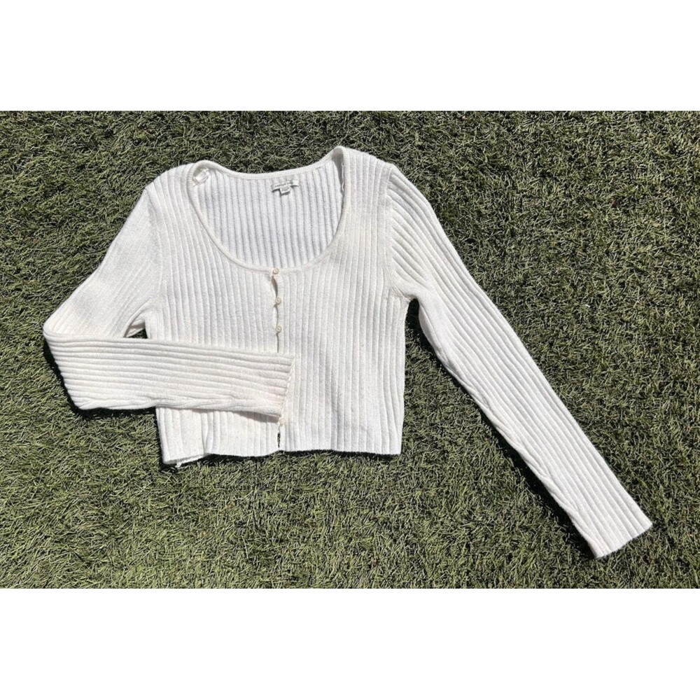 American Eagle Womens XL Ribbed Cardigan Ivory Button Front Cropped Scoop Neck